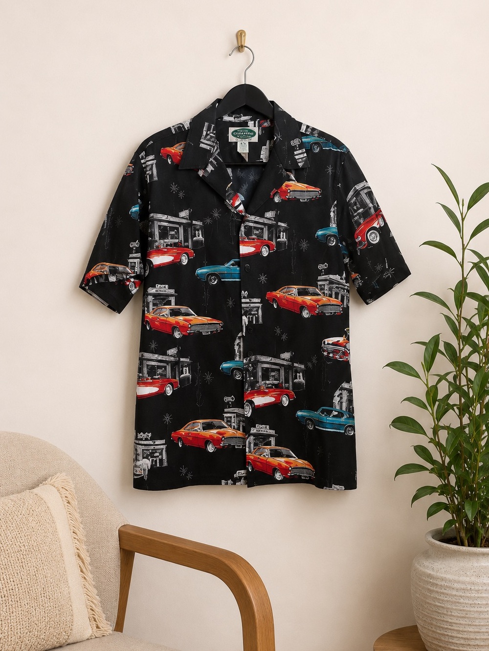 Hawaiian Islands Muscle Car Print Shirt Corvette Camaro Sz‎ L Vintage Colorful